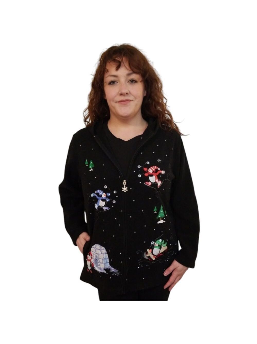 Essentials by Maggie Holiday Hoodie Embellished Black Fleece Jacket Size Large